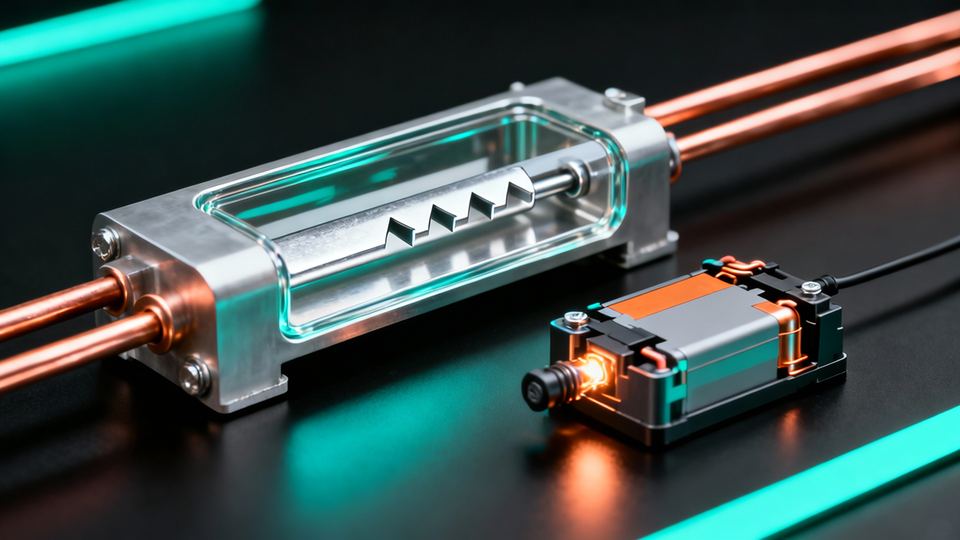 アルミ製ハウジングのバスバーヒューズと、電池遮断器のイメージ。暗い背景に置かれています。